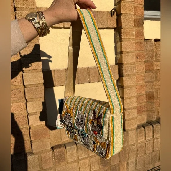 TJMAXX MARSHALLS VIRAL Cat Theme Striped Charm Beaded Shoulder Bag Purse Collect - Picture 11 of 16